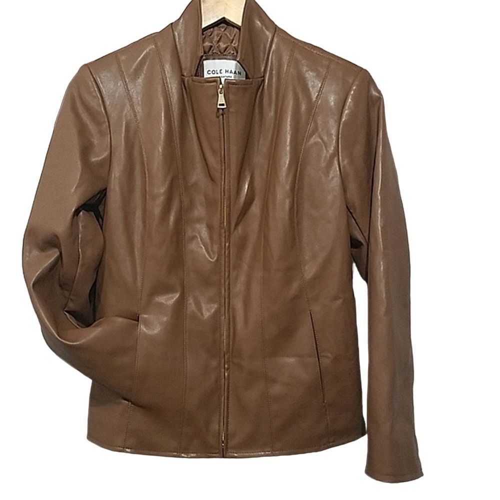 Cole Haan Brown Vegan Faux Leather Quilted Collared Jacket Coat Women's Size S